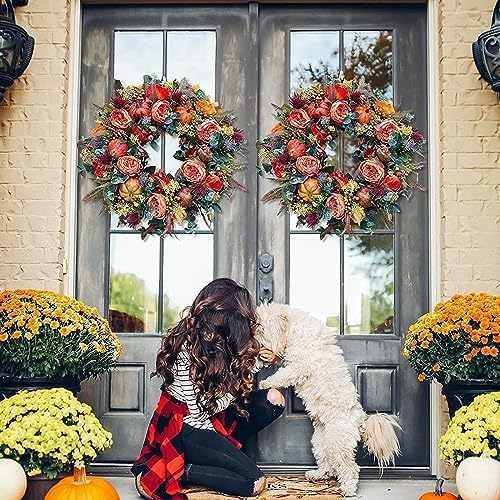 Miniatura 5 de Coronas artificiales de otoño para puerta delantera, corona rústica de otoño con calabaza, rosa, rama de bayas, hojas mixtas, corona de Acción de