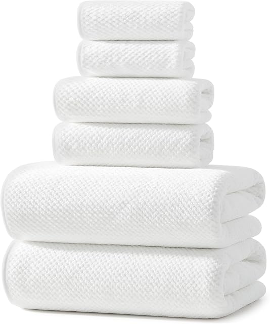 REDKISS Ultra Doucement 6 Ensemble de serviettes de bain, Serviettes blanches de luxe pour salle de bains, très absorbante, sécheuse rapide, collection de serviettes légères, comprend 2 Draps de bain, 2 Serviettes à main, 2 Vaisselle
