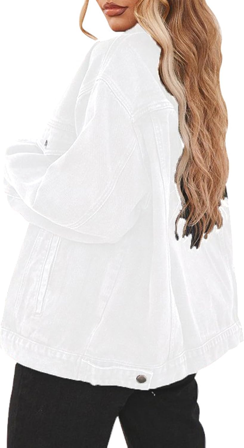 DvaeMalligo Women's Oversized Denim Jacket Casual Long Sleeve Button Down Distressed Trucker Jean Jackets with Pockets - Image 2