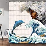 African Black Girl Shower Curtain Set, Afro American Woman with Kanagawa Japanese Ocean Wave Dolphin...