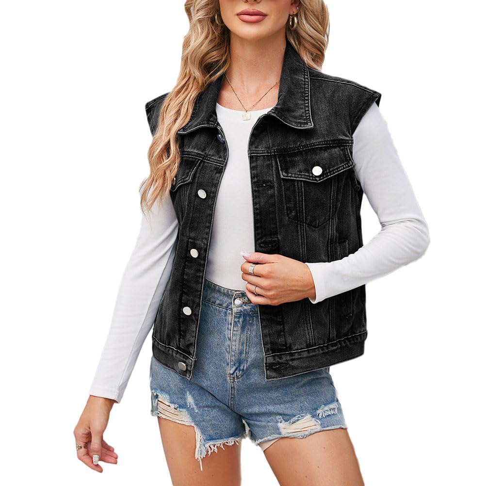 Gilet en Jean Femme Veste en Jeans sans Manches avec Poches et Boutons Veste en Denim sans Manches Ample Classique Boyfriend Jean Veste Jeans Jacket Outwear