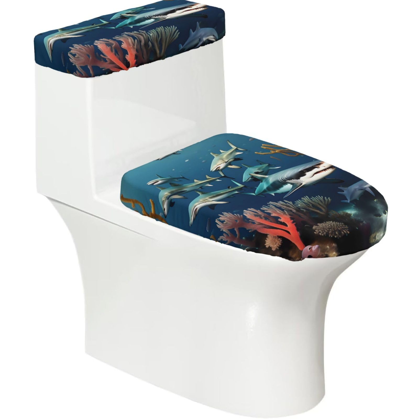 Sharks Under the sea Elastic Toilet Cover Set of 2-Stretchy Lid and Tank Covers for Bathroom, Soft Washable U Shape Toilet Decor