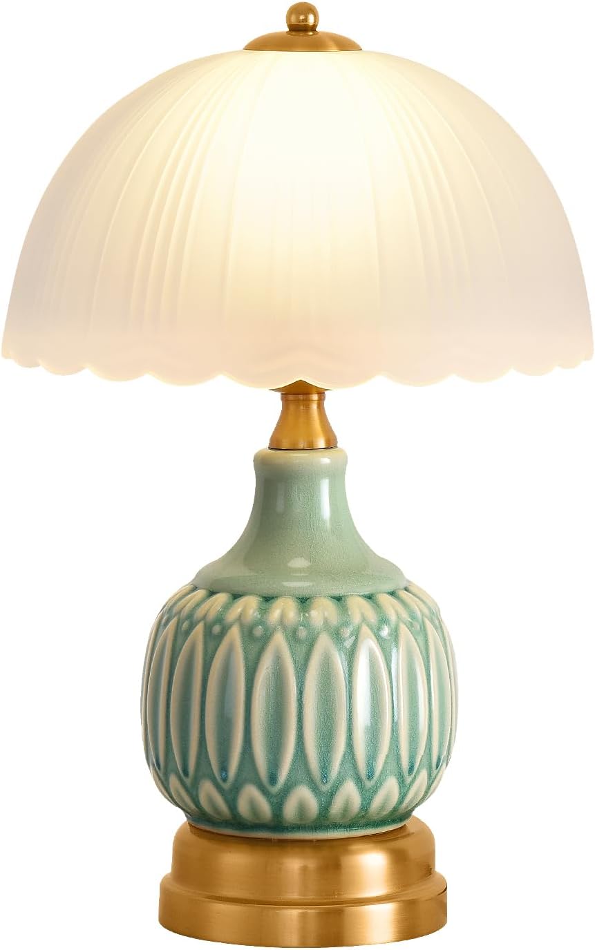 Table Lamps for Bedroom Vintage Golden Table Lamps for Bedroom Ceramic Retro Lamp for Living Room,16" Modern Bedside Nightstand Traditional Lamps, Classic Chinoiserie Green Glass Lamp for Home Decor