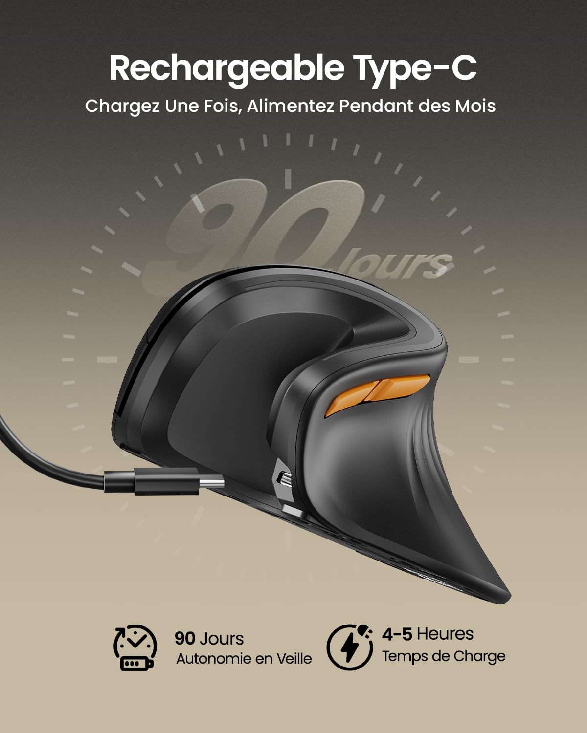 ProtoArc EM11 NL Souris Ergonomique sans Fil Verticale Rechargeable 3 Ports Bluetooth USB Silencieuse Noir