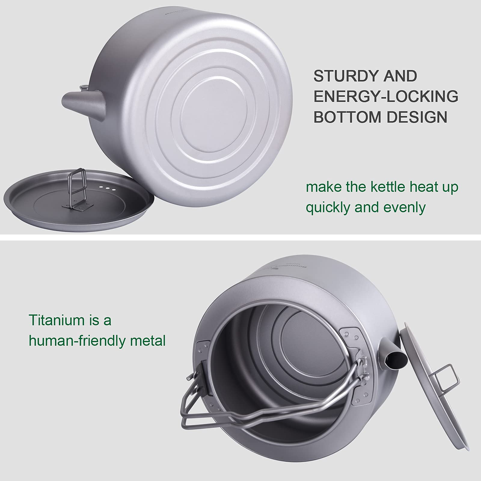 iBasingo Tetera de titanio de 1 litro para acampar gran capacidad, con mango plegable y filtro para interiores y exteriores ultraligera botella de agua duradera para senderismo cocina vajilla