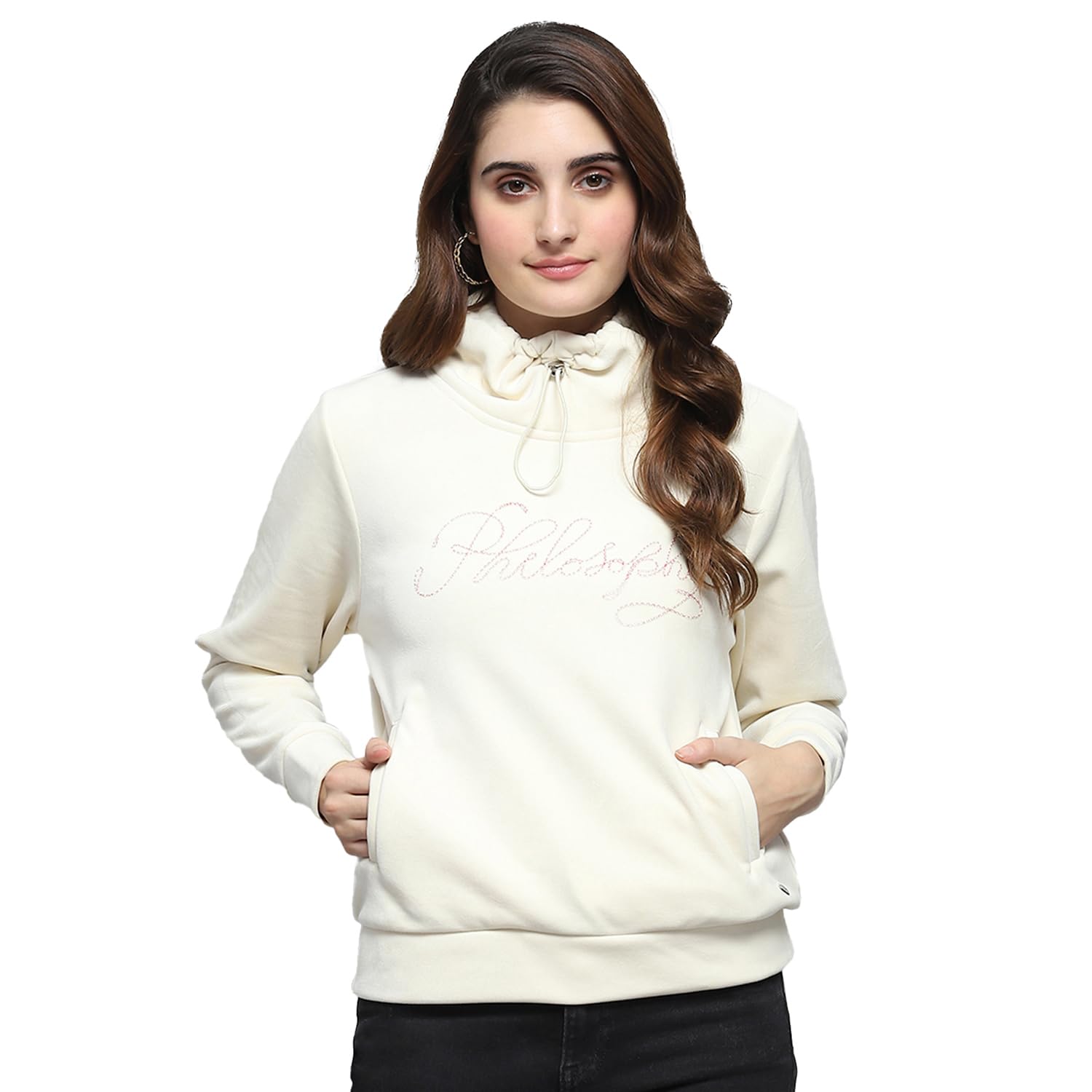 Self Design White Mock Neck Full Sleeve Sweatshirt for Women's-image-29