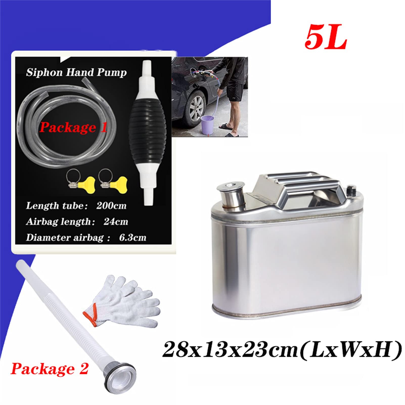 Jerrycans - Bote de seguridad de acero inoxidable 304 con embudo, almacenamiento de gasolina con tubo de aceite integrado, para vehículos, coches, camiones, 5L, 10L, 15L, 20L