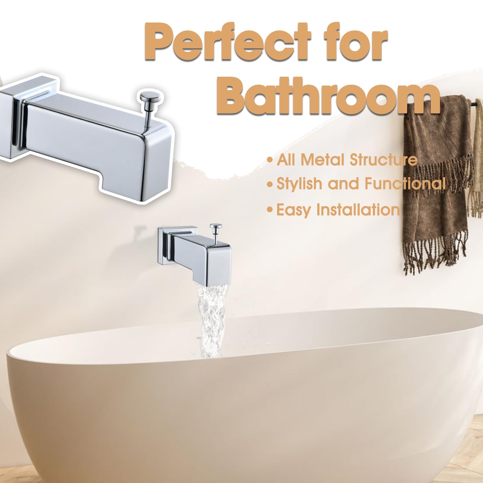 Boquilla desviadora deslizante, elegante diseño cuadrado para baño, se adapta a tubos de cobre de 1/2 pulgada (5/8 pulgadas de diámetro exterior), bordes redondeados seguros para niños, fácil