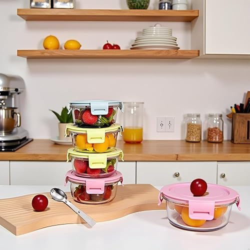 Miniatura 4 de Recipiente redondo de vidrio para almacenamiento de alimentos de 1.5 tazas con tapas y cuchara plegable, recipiente pequeño de almacenamiento de