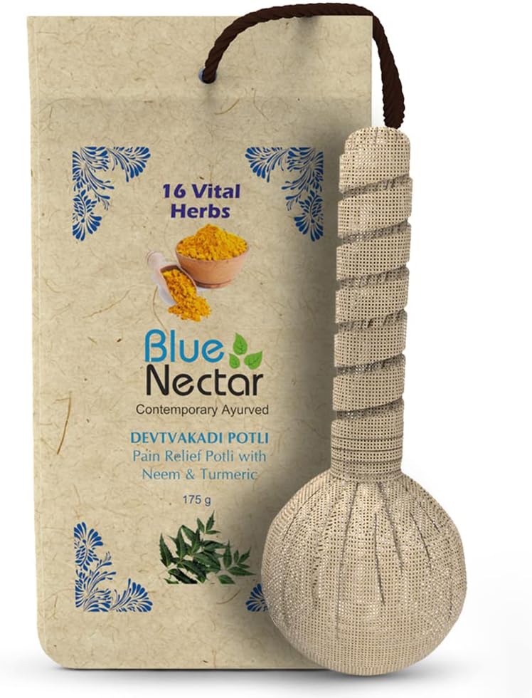 Blue Nectar Ayurvedic Herbal Compress Potli with Neem & Turmeric | Natural Pain Relief Ingredients for Joint Pain, Body Pain, Legs Pain and Back Pain Relief 175g