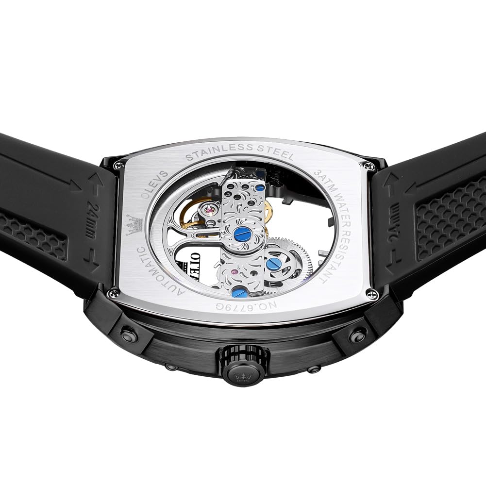 OLEVS Herren-Armbanduhr, modisch, analog, Mechanische Silikon-Uhrenarmband für Herren, rechteckig, großes Zifferblatt, wasserdicht, Militäruhr,Skelettzifferblatt