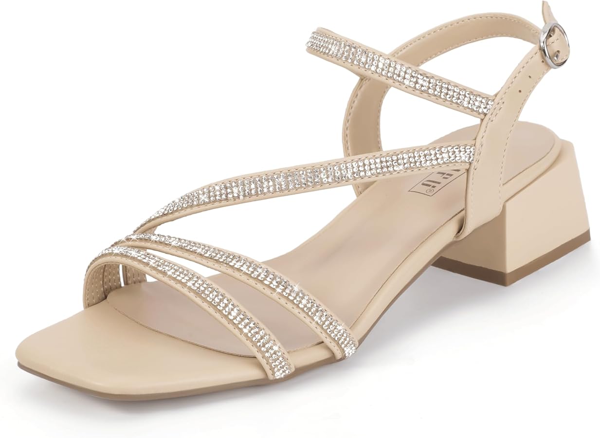 Amazon.com | IDIFU Nude Rhinestone Low Heels for Women Strappy Chunky Block  Short Square Open Toe Heeled Sandals Wedding Party Dress Shoes Comfort  Formal Sparkly Bling Thick Heels(Beige Purhinestone, 5)