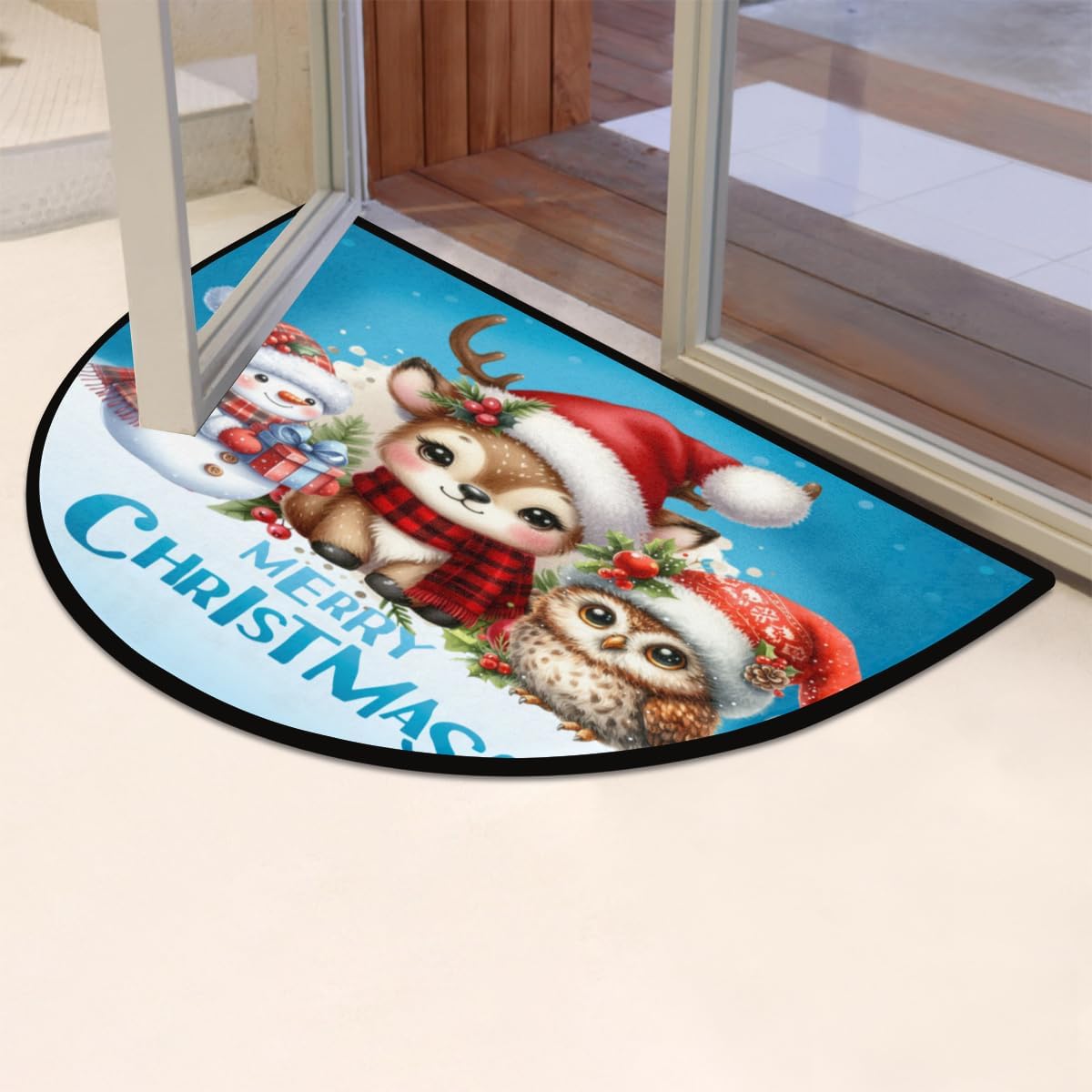 Christmas Non-Slip Soft Half Round Door Mat, Merry Christmas Snowman Deer Owl Semicircle Mat for Indoor Entrance Garage Bath Living Room Patio 24 x 36 in