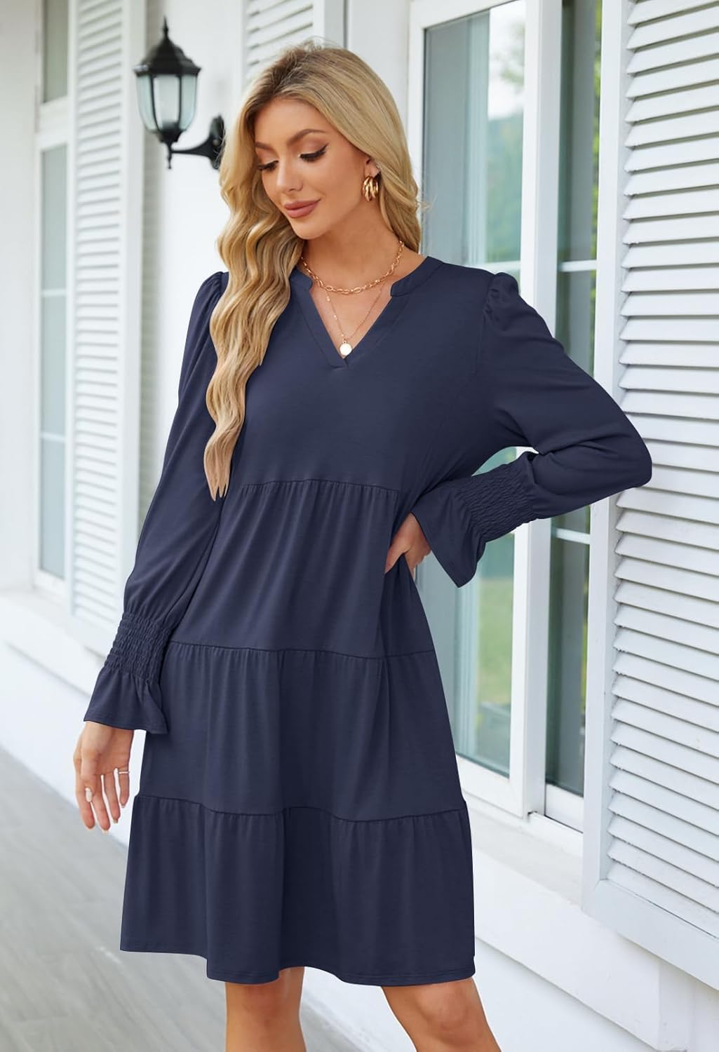 MEROKEETY Women's 2025 Long Sleeve Midi Dress V Neck Flowy Swing Ruffle Tiered Fall Casual Dresses - Image 3