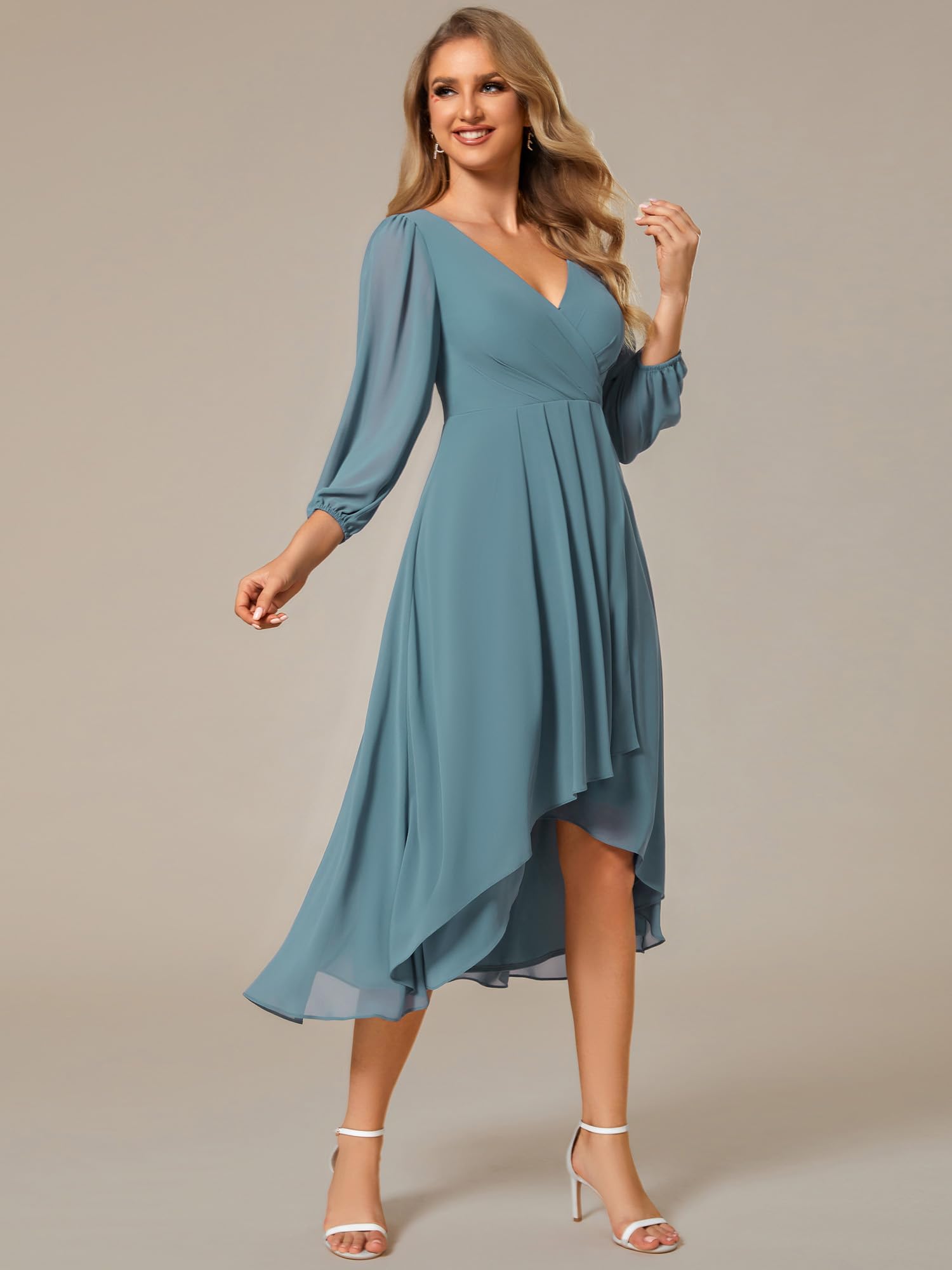 Ever-Pretty Vestito Elegante Donna Cerimonia Manica Lunga Collo a V Gonna Midi EG01926