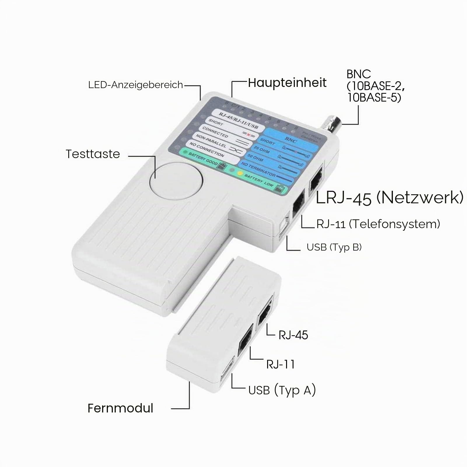 Netzwerktester, RJ11 RJ45 Messgerät USB BNC 4-in-1 tragbares LAN Netzwerk Kabeltester Fernbedienung Leitungstester für UTP STP Kabel Tracker