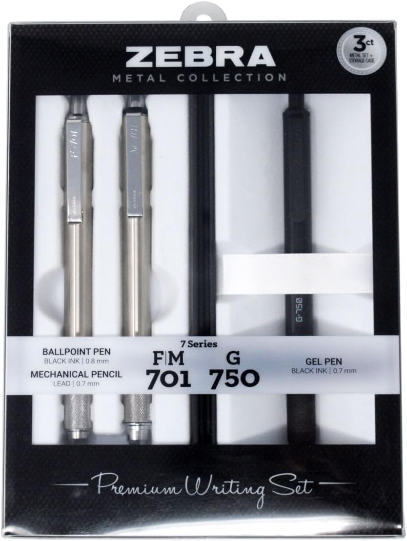 Zebra Pen Premium Writing Gift Set 3-Pack, Black Ink, Medium/Fine Point, Includes G-750 Gel Pen, F-701 Ballpoint Pen, and M-701 Mechanical Pencil, Metal Barrels, Refillable (10513)