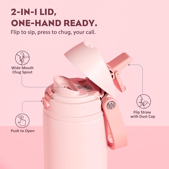 POWCAN 24 oz Insulated Water Bottle for Sports: 2-in-1 Lid with Push-Button Spout & Quick-Flip Straw, Leakproof, Car Cupholder Friendly, Stainless Steel for Gym, School, Travel (Cotton Candy)