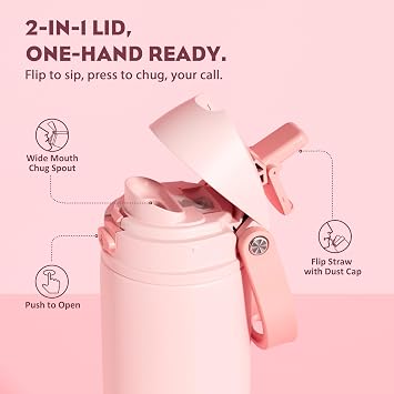 POWCAN 24 oz Insulated Water Bottle for Sports: 2-in-1 Lid with Push-Button Spout & Quick-Flip Straw, Leakproof, Car Cupholder Friendly, Stainless Steel for Gym, School, Travel (Cotton Candy)