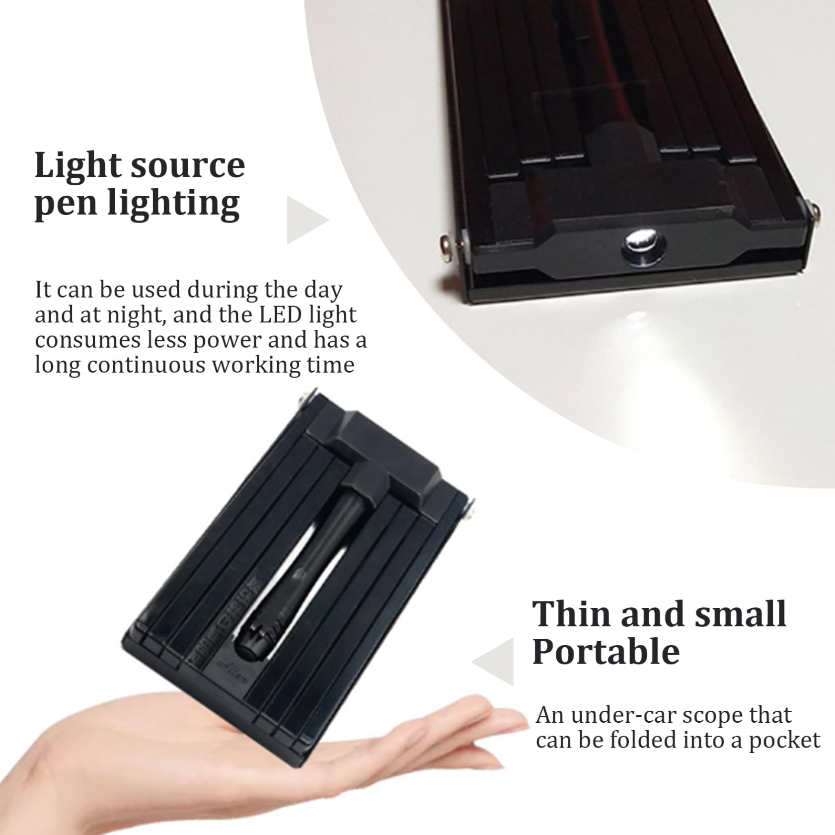 Miroir d'inspection LED pliable et portable sous le véhicule, miroir télescopique en verre acrylique alimenté par batterie, miroirs d'inspection grand angle pour tube de canapé de voiture, sans ba..