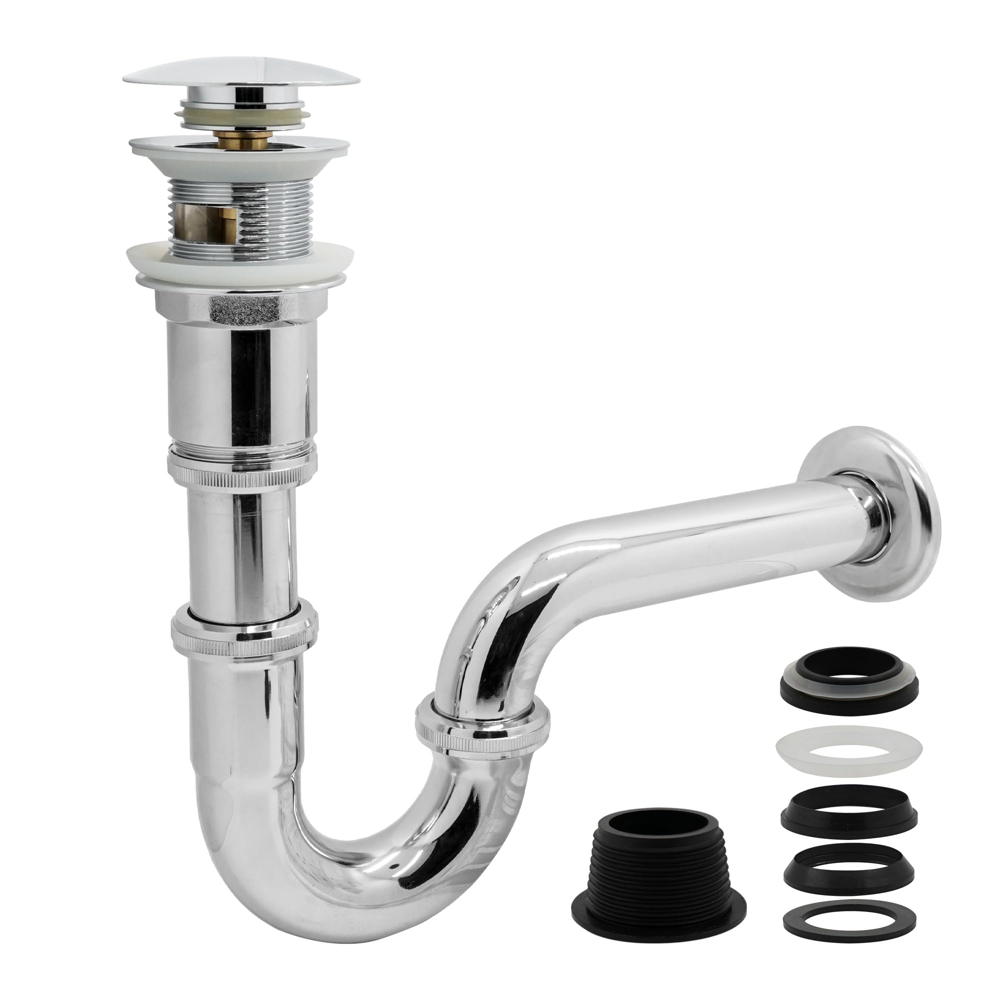 VANCOCO Basin Waste Assembly with Overflow (Chrome), Universal Basin Waste Trap with Pop-up Waste Valve