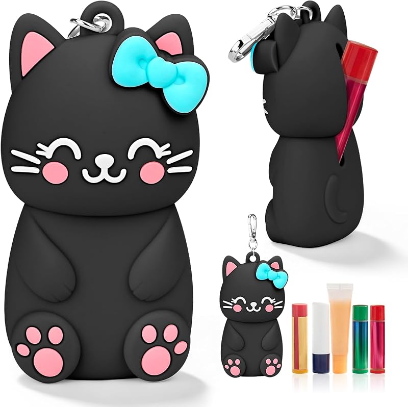 Porta-bálsamo labial BrainKer com chaveiro, design de gato em silicone, modelo BKKHTA7