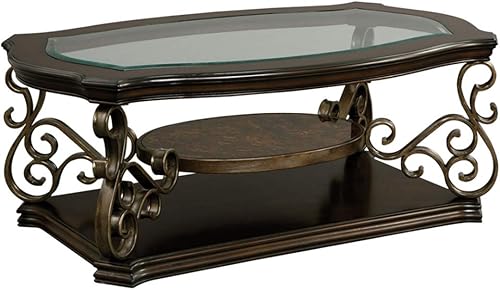 Miniatura 5 de Henf Mesa de centro tradicional con parte superior de vidrio templado y estante medio, mesa de cóctel vintage con parte superior de vidrio ovalada