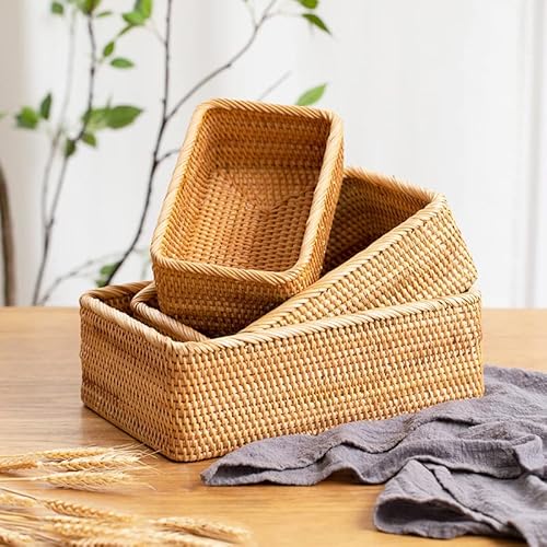 Rattan Storage Baskets, Wicker Baskets for Organizing, Hand Woven Decorative Box for Kitchen Counter, Living Room, Bathroom, Set of 3 (Rectangular) - Cosy Home Interiors Rattan Storage Baskets, Wicker Baskets for Organizing, Hand Woven Decorative Box for Kitchen Counter, Living Room, Bathroom, Set of 3 (Rectangular) - Image 3