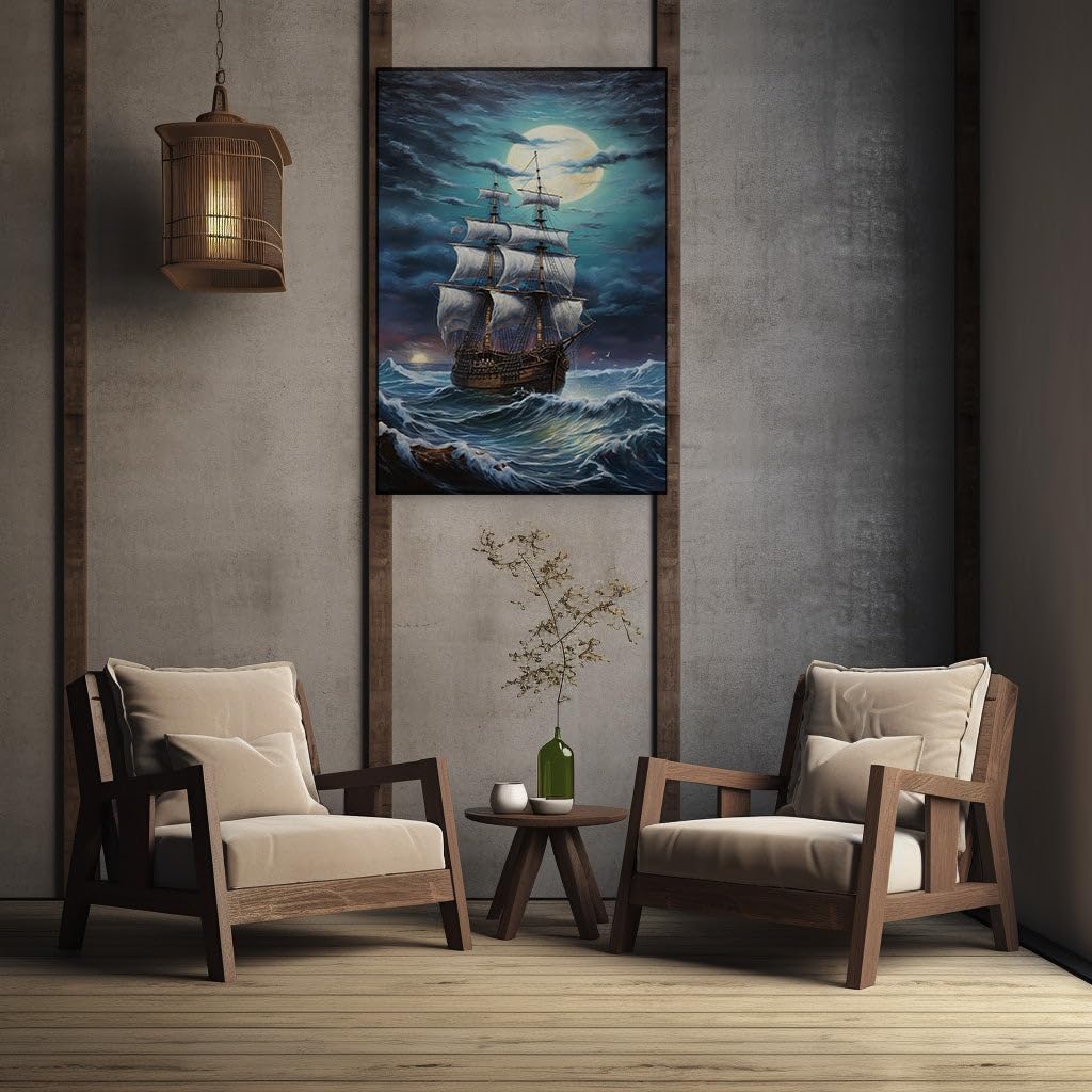 Canvas for Living room. Majestic Vessel Against the Fury of the Night Storm, 27 x 18 inch Canvas Wall Art - Ready to Hang