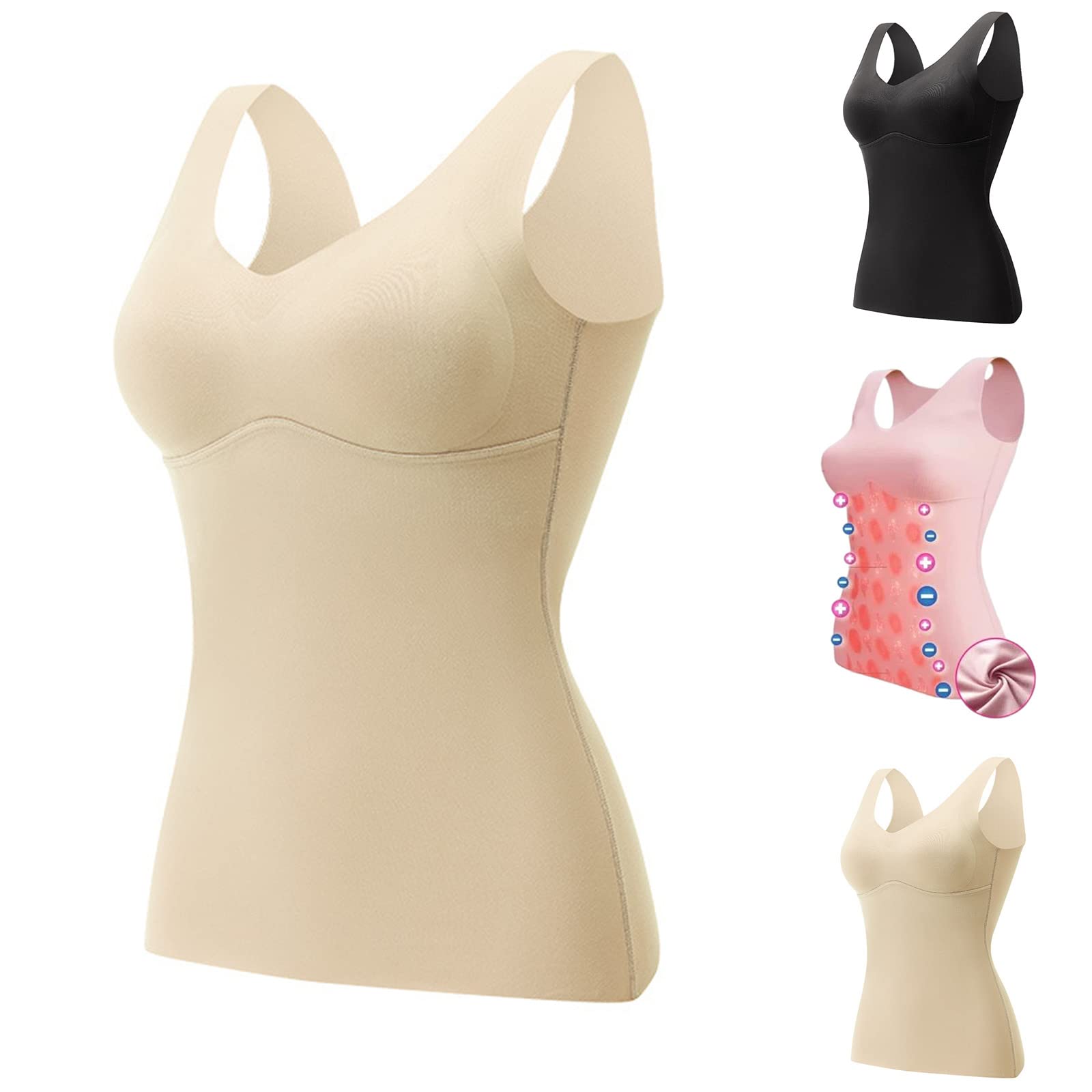 Dimleen FiberFit Hourglass Sculpting Self Heating Vest for Women 2-in-1 Built-in Bra Negative Ions Thermal Underwear Warm,Breathable (flesh-colored,L,Large)