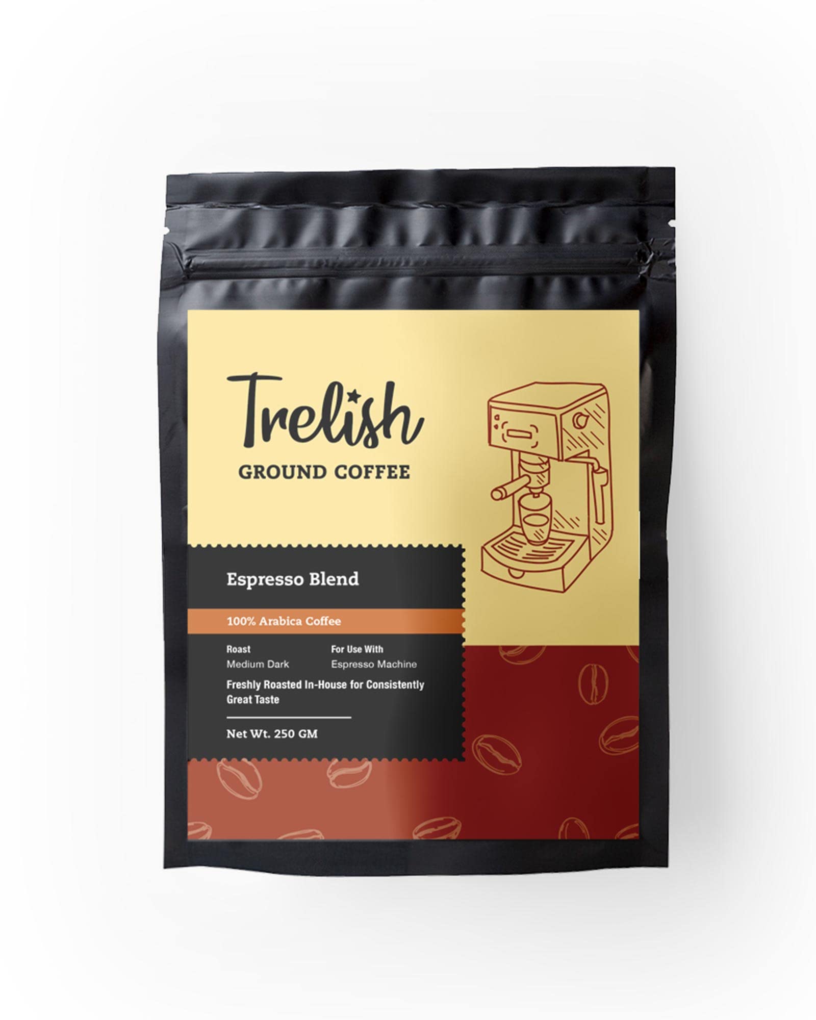 Trelish Coffee | Coffeepowder 250 Gm | Made With 100% Specialty Grade Arabica | Medium Roast | Freshly Roasted Ground Coffee | Requires Brewing (Espresso Coffee), Bag