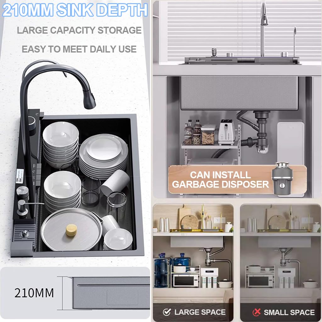90x50 cm Lavello Cucina 1 Vasca,Lavello Da Cucina A Cascata In Acciaio Inox,Lavandino Cucina Nero Antracite,Lavelli da Cucina Con Rubinetto Estraibile,Sifone,Dispenser Sapone,Lavello Mobile E Tagliere