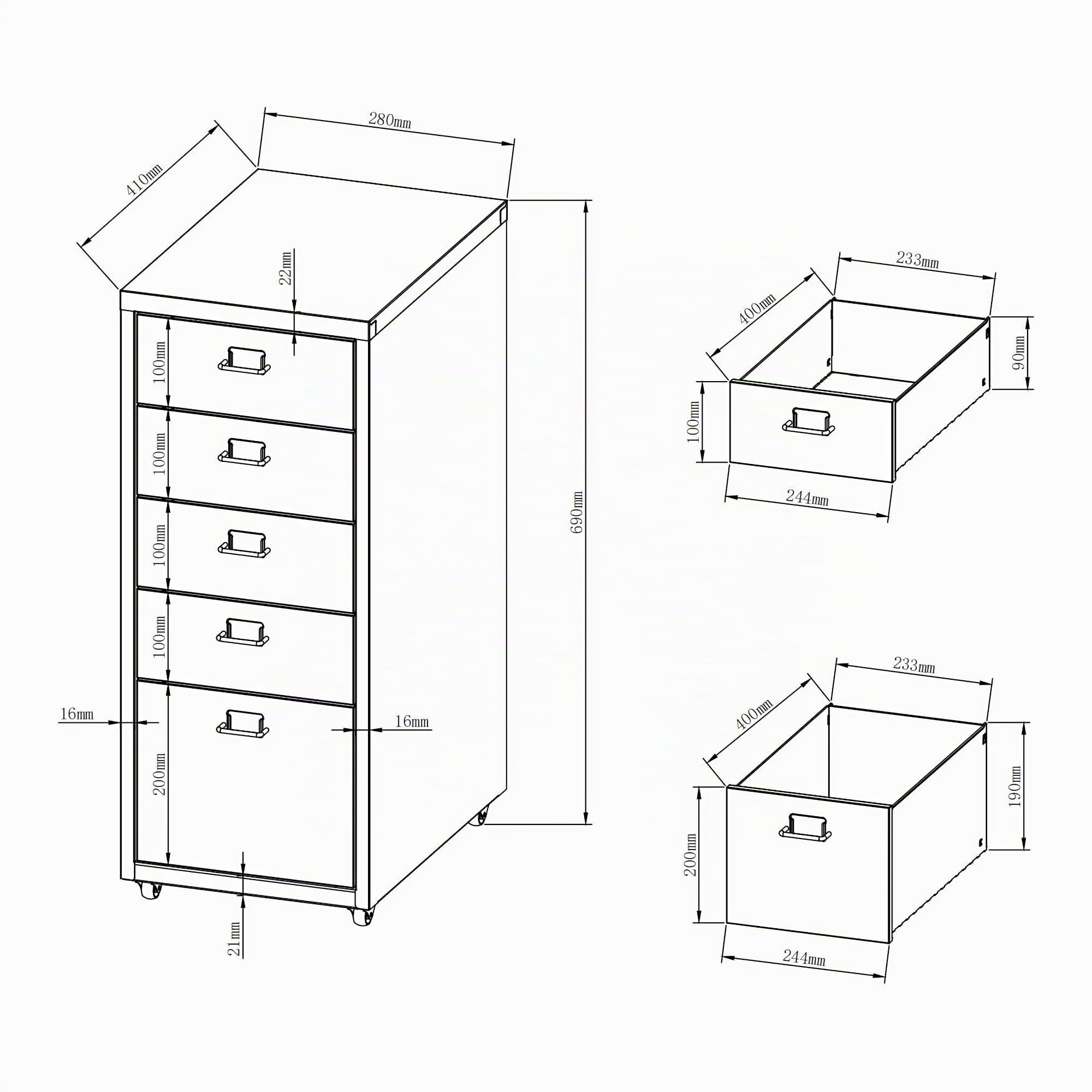 [en.casa] Caisson de Bureau 5 Tiroirs Meuble de Rangement Roulant Organisateur pour Documents Dossiers avec Porte-Étiquettes Fournitures de Bureau Robuste Moderne Acier 69 x 28 x 41 cm Rouge Pastèque