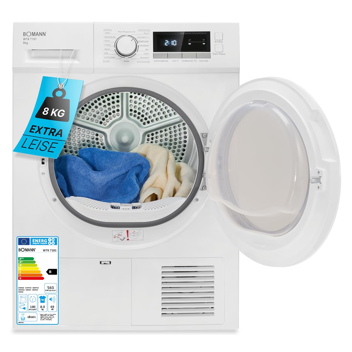 Bomann® Kondenstrockner 8kg | Waschtrockner mit 13 Programmen & 109L Volumen | Trockner mit Trocknungsgrad-Intensitätsstufe | Wäschetrockner mit Programm-Startvorwahl: 1-24 h | WTK 7181