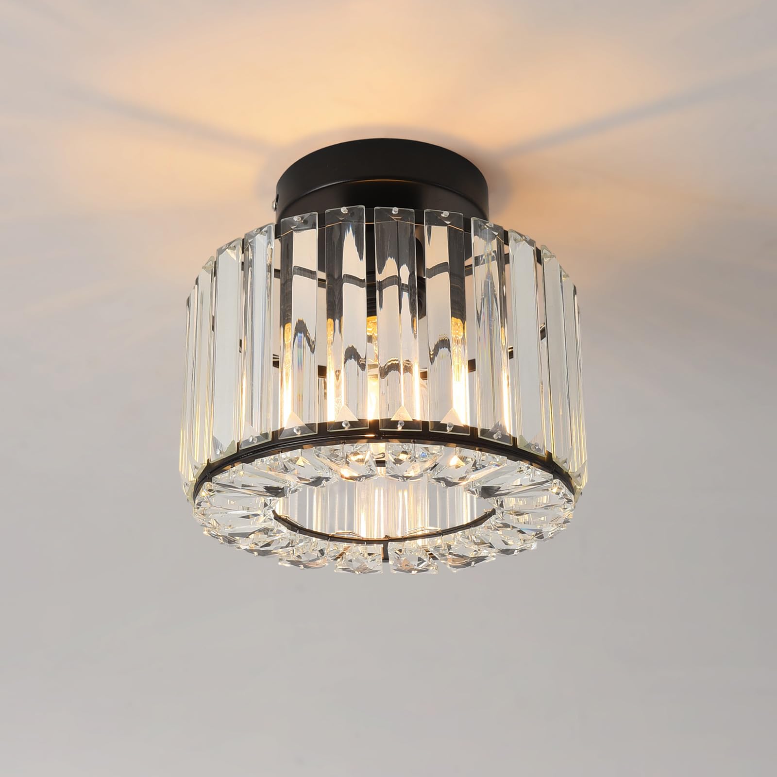 Anwio Small -Black-E27 Black Crystal Ceiling Light,Modern Chandeliers Hallway Lights Ceiling,Semi Flush Mount Ceiling Lighting,Dia 21.5Cm Ceiling Lights Living Room For Hallway Bedroom Kitchen Bathroom(E27 Base)