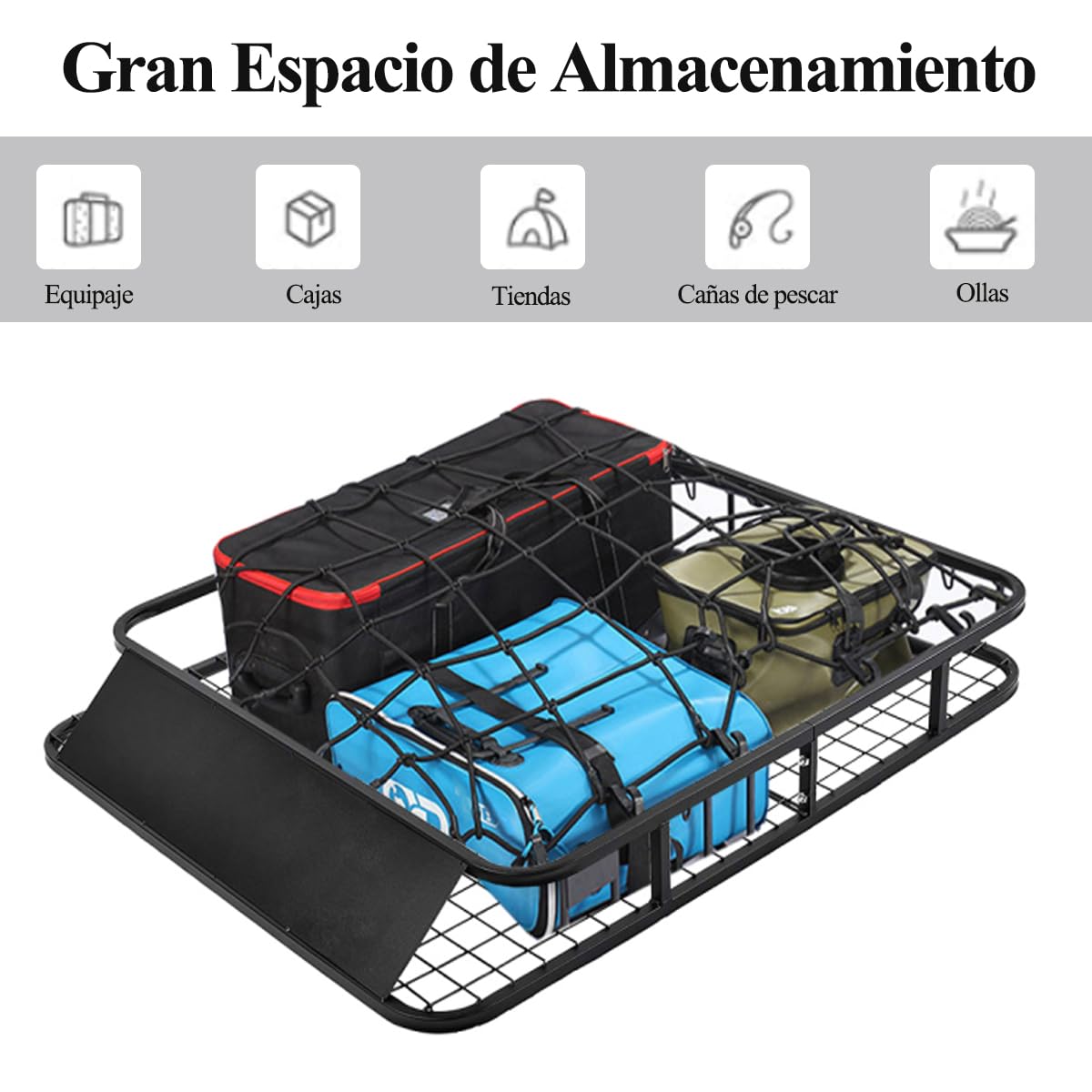 SOARS Baca Coche Universal, Cesta de Techo Coche, Baca de Hierro con Malla Metálica para Evitar la Caída de Objetos, Cofre Techo Coche, Portaequipajes de Metal Carga 75KG (MAX), 122,5 x 102 x 15 CM