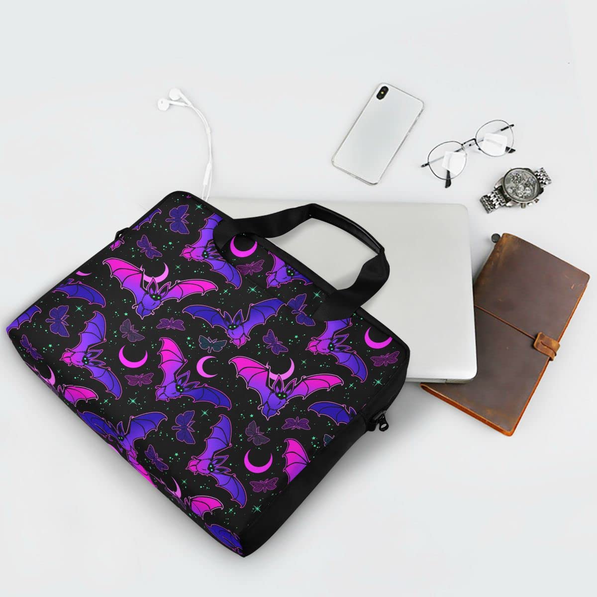 Gothic Laptop Tote Bag - Purple Bat Design, Fits 15-16 Inch Laptops, Messenger Bag for Women & Students