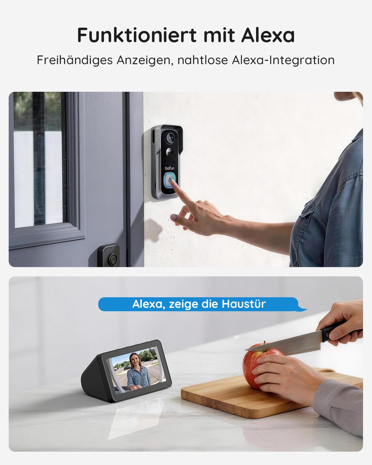 BOIFUN WLAN Video Türklingel mit Kamera, Ultra-HD-Funkklingel mit Kamera,Alexa-kompatibel, Nachtsicht, PIR Bewegungserkennung, 2-Wege-Audio, SD- & Cloud-Speicher, mit Chime, 2.4GHz, Schwarz