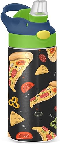 Botella de agua para niños con diseño de pizza con tapa de pajilla, sin BPA, de acero inoxidable de 12 onzas, aislada al vacío, a prueba de fugas,