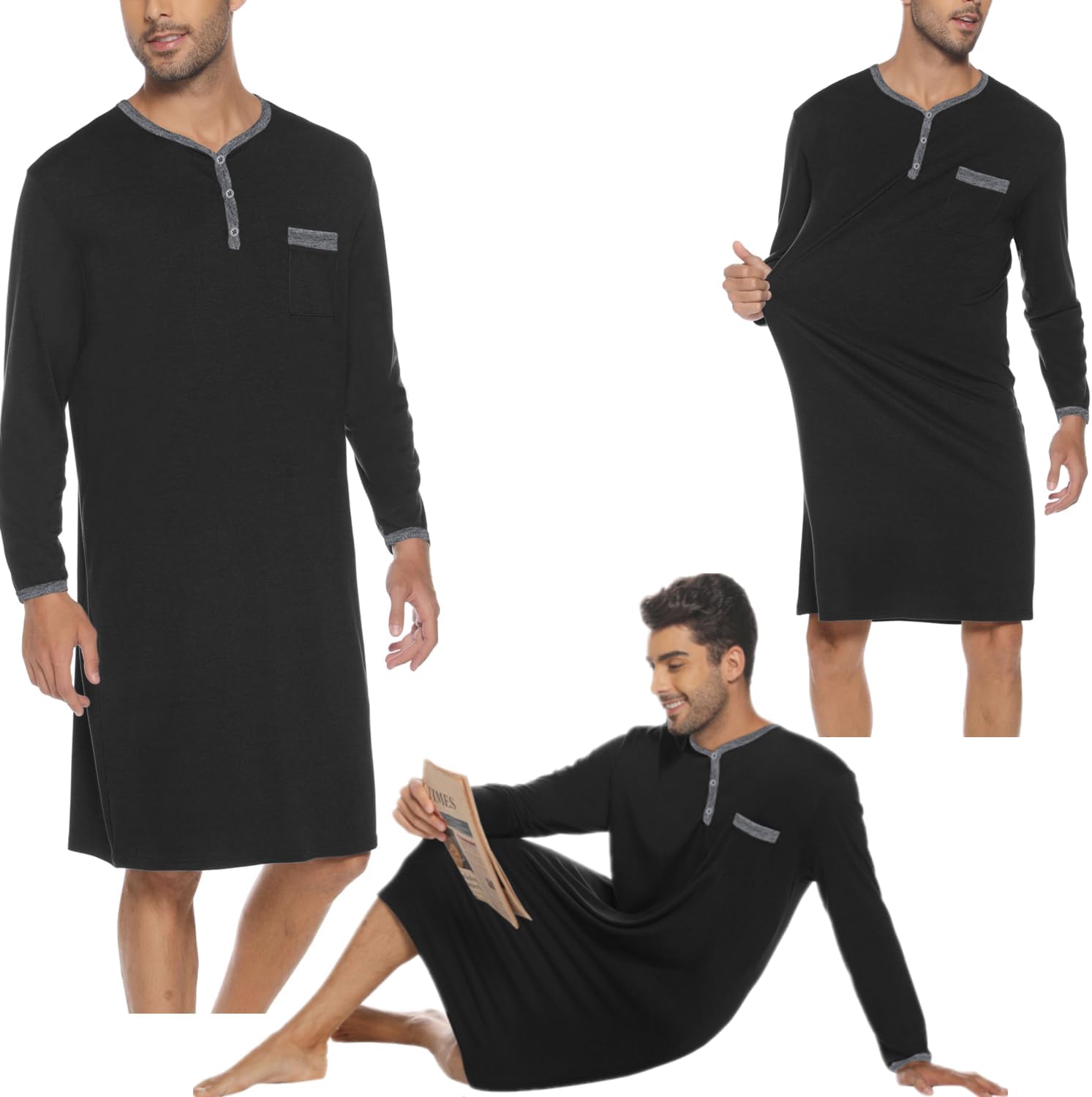 Men Short Sleeve Nightshirt Knee Length Nightgown Cotton Sleep Shirt Lounge Wear