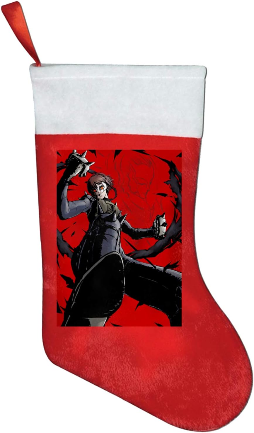 Kousaka Persona 5 Makoto Niijima Christmas Stockings Red and White Plush Velvet Fireplace Hanging Stocking Santa Xmas Socks for Family Holiday Xmas Party Decor Gift 17"