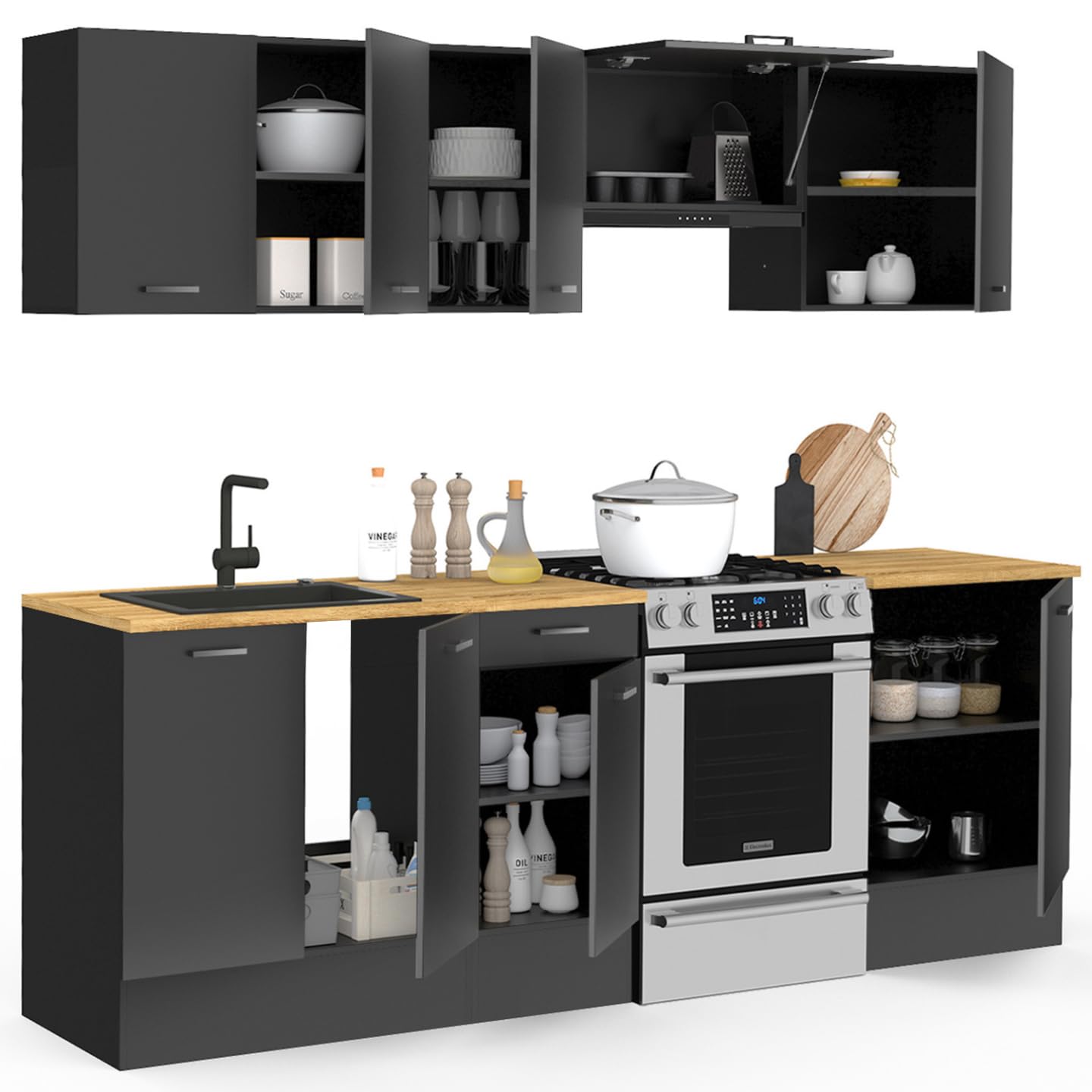 IDMarket - Cocina completa SUBTIL 240 cm con encimera negra de 7 elementos y tapa de madera