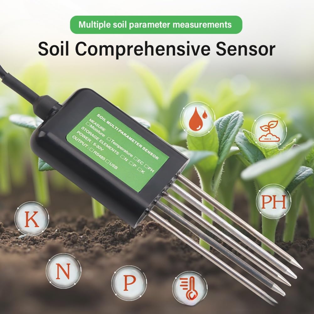 Sensor de suelo rs485 con medidor de pH, NPK, humedad, temperatura y salinidad, sonda de acero inoxidable IP68 para agricultura inteligente y agricultura