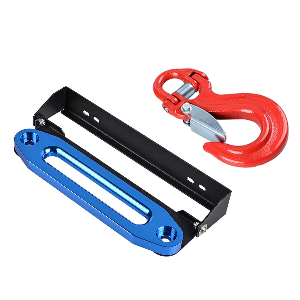 AMOPA amopacorp Red Half-Link Safety Latch Winch Hook WLL 28,000lbs and 10 inch Anodized Blue CNC Machine Aluminum Hawse Fairlead with Stainless Steel Flip-Up 254mm Mounted License Plate Holder