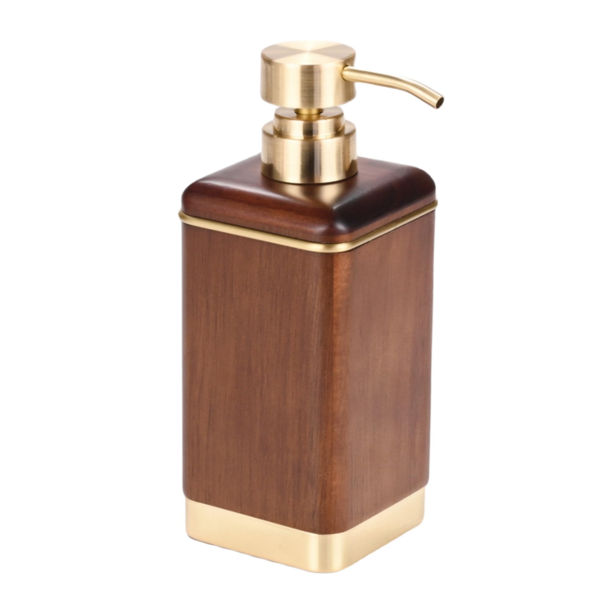 MIHIRO Acacia Wood Hand Soap Dispenser Bathroom Vanity Countertop Kitchen Counter Premium Zinc Alloy Pump Lotion Soap Dispenser with Brass Modern Luxury Walnut Brown (Chestnut)