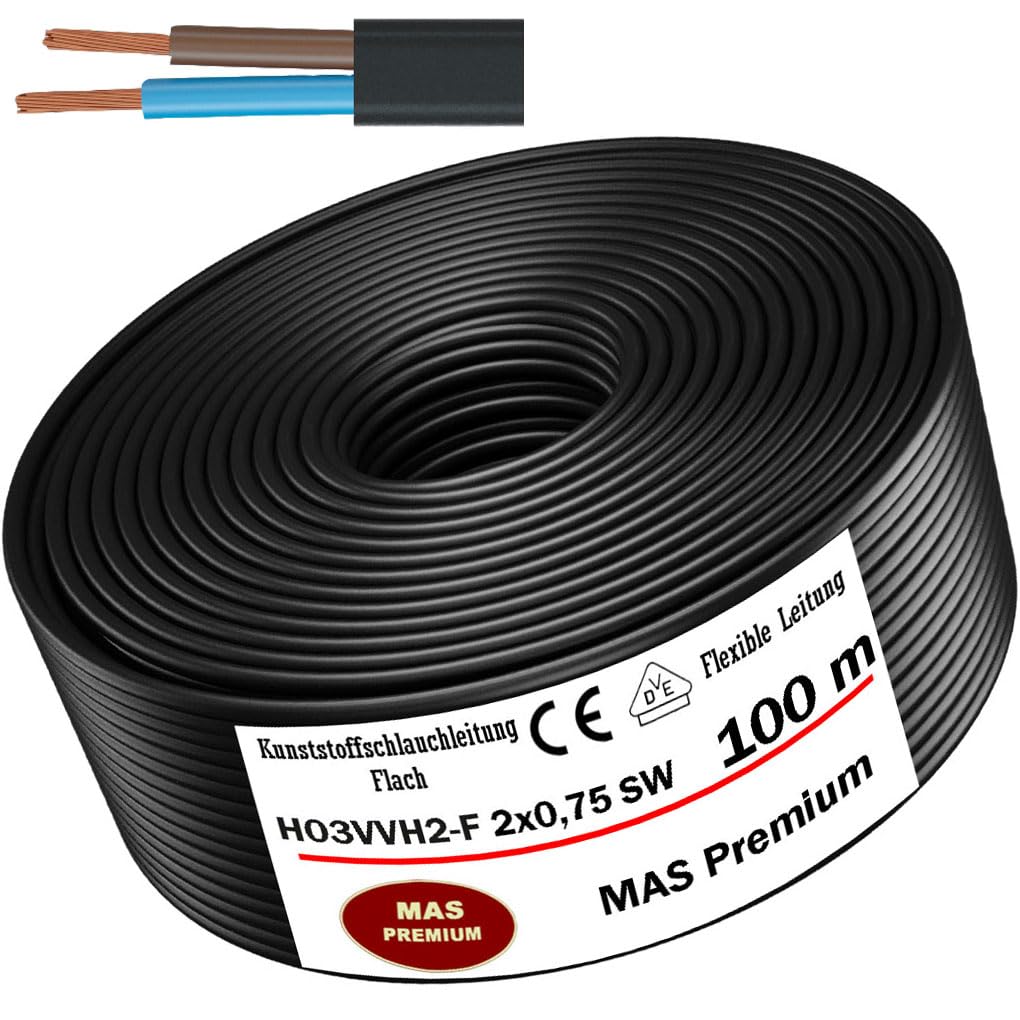 MAS Premium Przewód węża z tworzywa sztucznego (Flat) od 5 do 100 m H03VVH2-F 2X0,75 WS, 2 x 0,75 czarny lub biały, elastyczny kabel do urządzeń (czarny, 100 m)