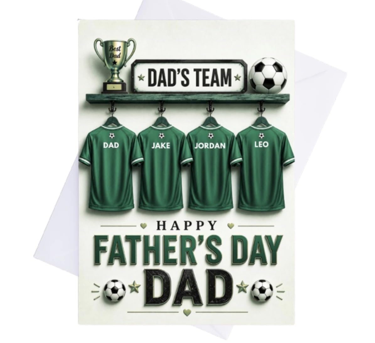 Personalised Father's Day Card, Football Shirt Design, Dad's Team Theme, Customisable Names 1-3 Names - 4 Colour Design (4 Shirts)