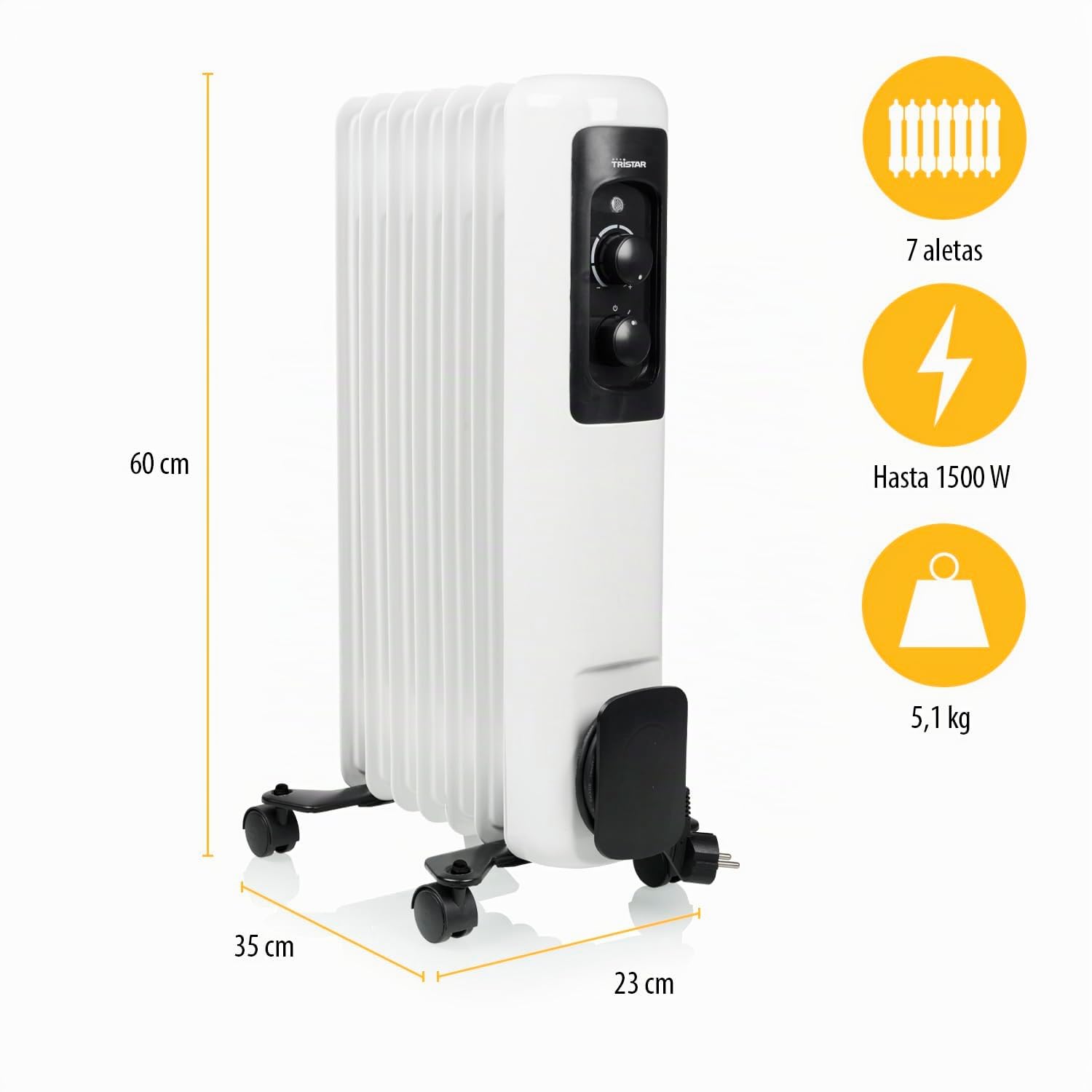 Tristar KA-5177 Calefactor de aceite, 3 posiciones de calentamiento, Termostato ajustable, 1500 W máx., 7 aletas
