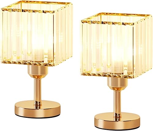 Miniatura 7 de NOVIMANGO Juego de 2 lámparas de cristal doradas, lámparas de mesita de noche de cristal, luz moderna para dormitorio, iluminación de noche doble
