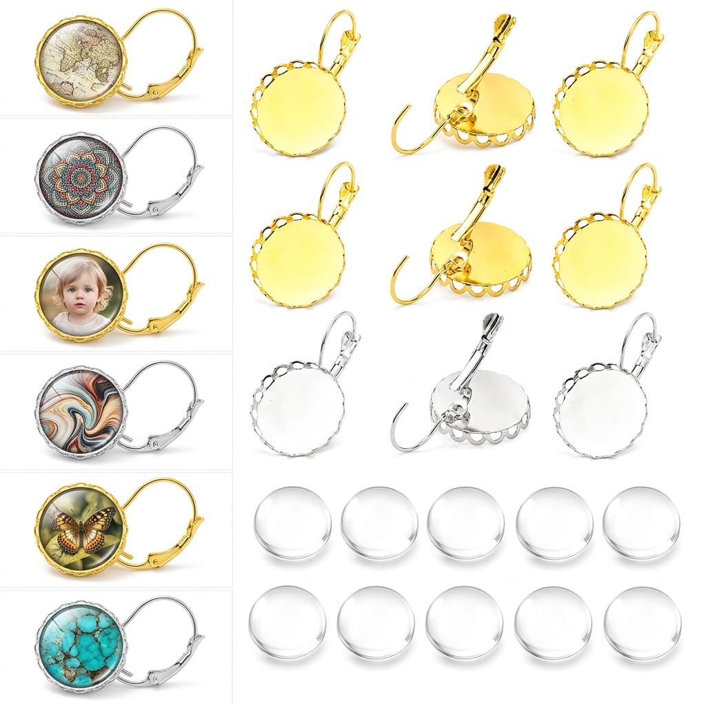 Cheriswelry Mixed Colour Brass Leverback Earring Settings Kit 30pcs Flat Round and Oval Trays with 30pcs Glass Cabochons DIY Earring Findings and Jewellery Making Supplies Comes with Storage Box